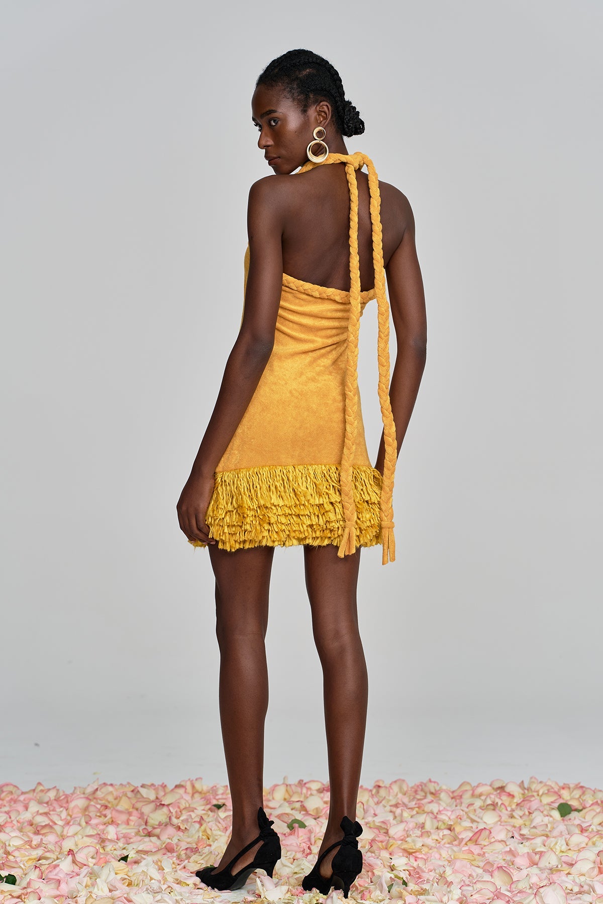 Alvis Bodycon Fringe Twist Knit Mini Dress in Yellow