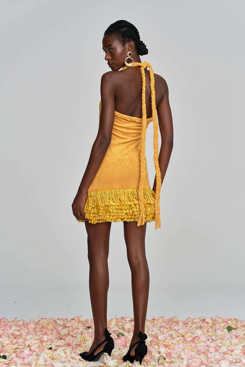 Alvis Bodycon Fringe Twist Knit Mini Dress in Yellow