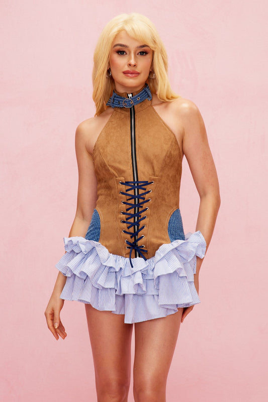 Alyce Deconstruct Lace Up Ruffle Mini Dress in Brown