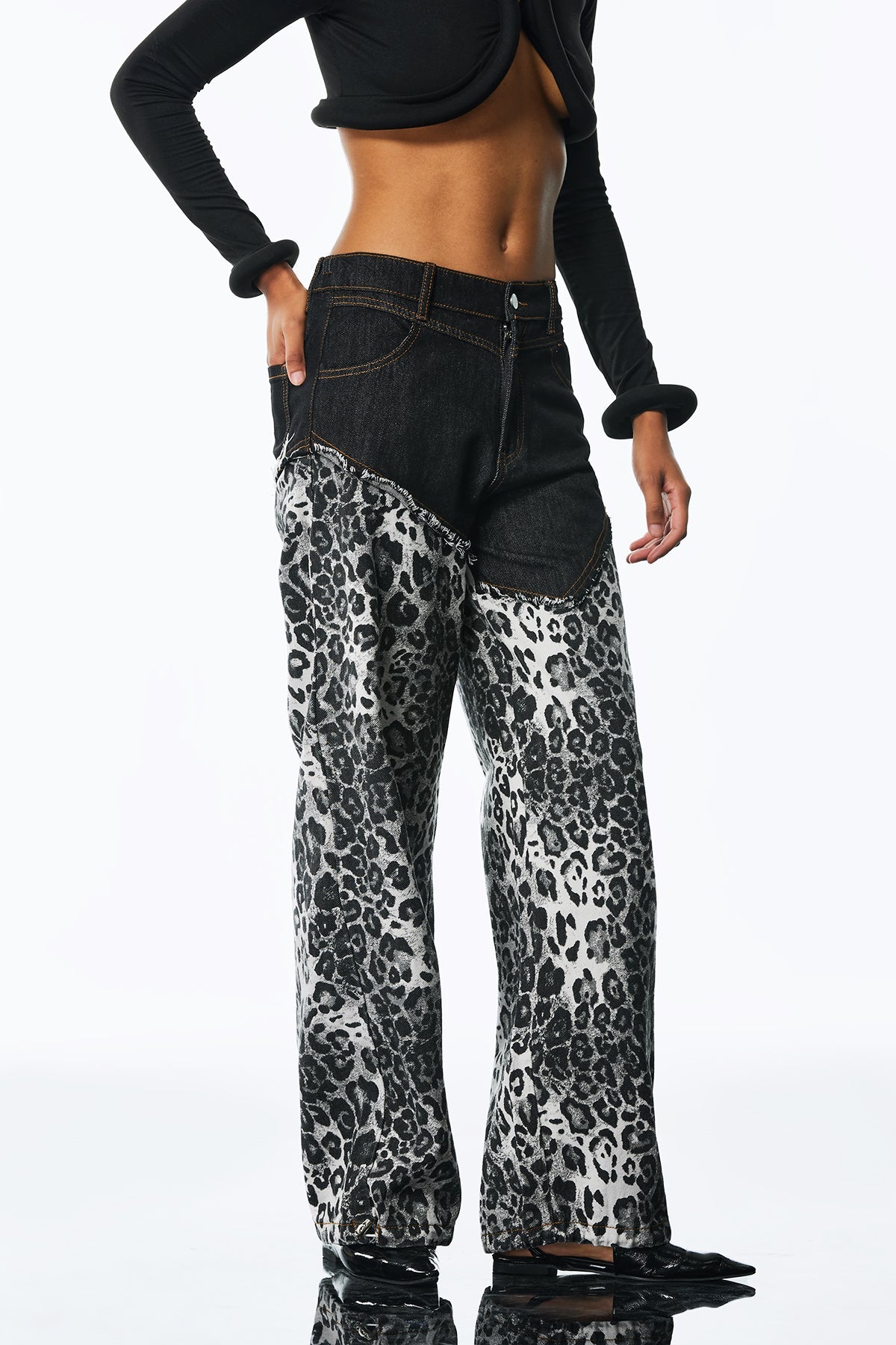 Amali Deconstruct Asymmetric Leopard Pants in Black