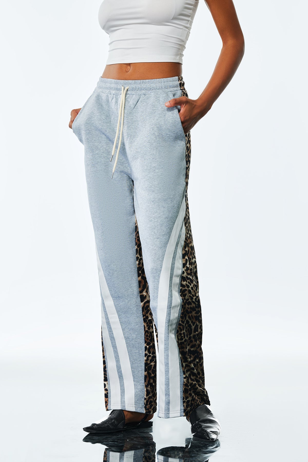 Amando Deconstruct Stripe Leopard Pants in Grey