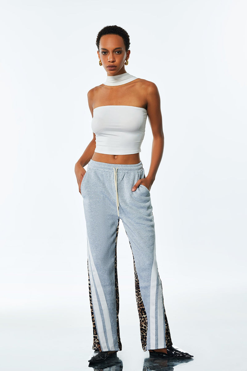 Amando Deconstruct Stripe Leopard Pants in Grey