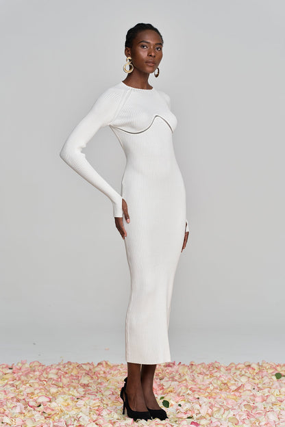 Amaury Cutout Ruffle Knit Maxi Dress in Apricot