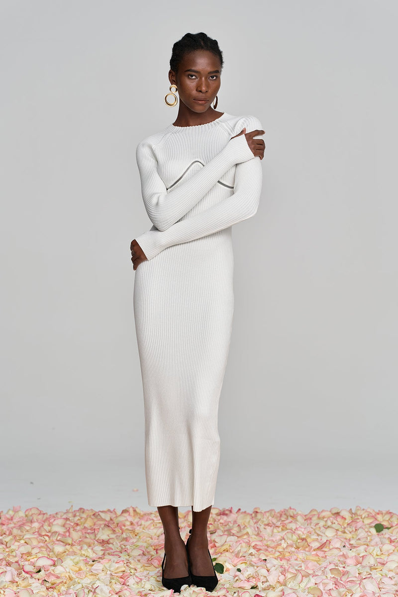 Amaury Cutout Ruffle Knit Maxi Dress in Apricot