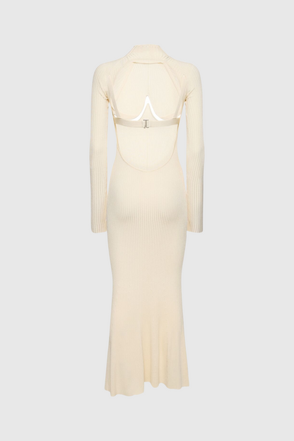 Amaury Cutout Ruffle Knit Maxi Dress in Apricot