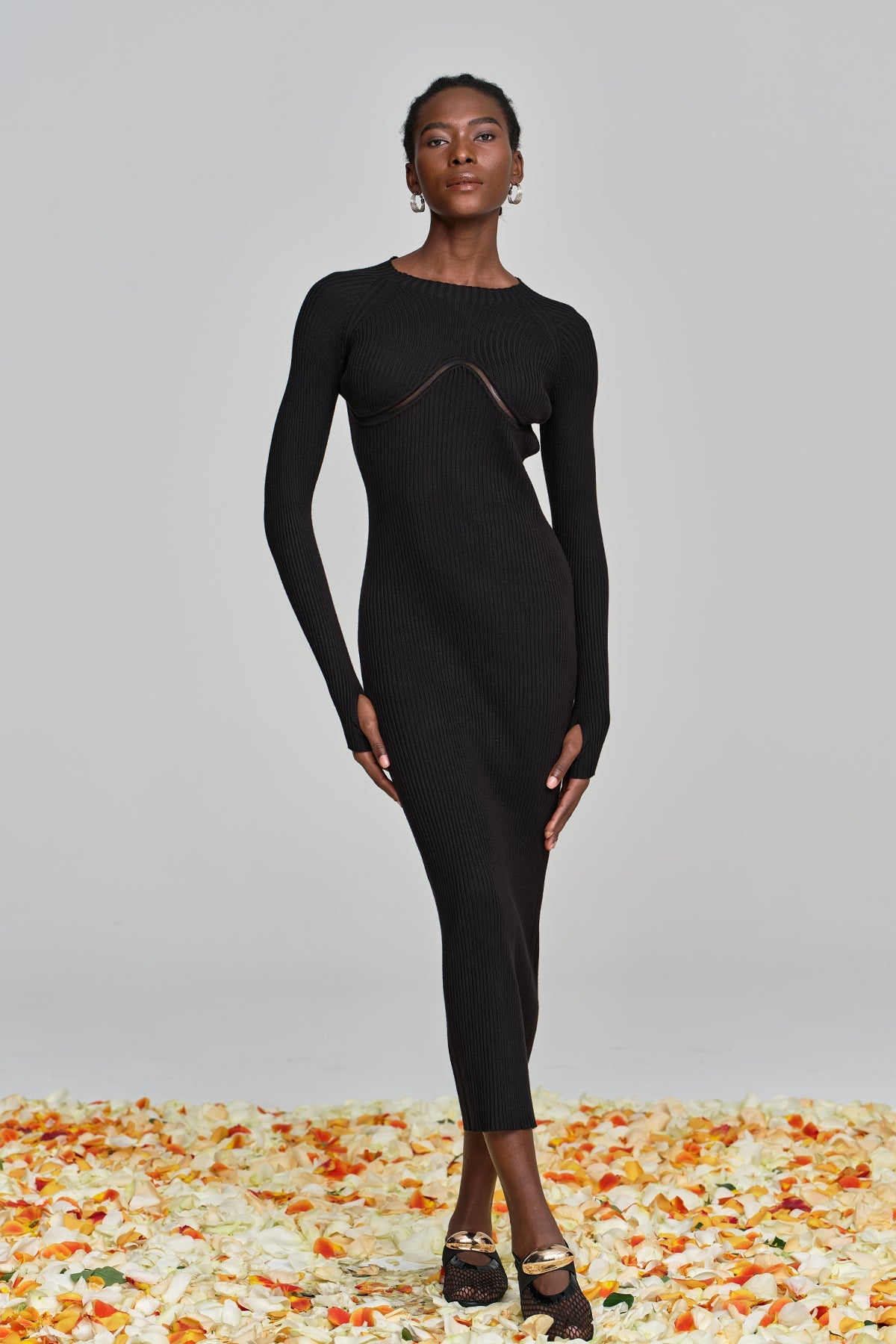 Amaury Cutout Ruffle Knit Maxi Dress in Black