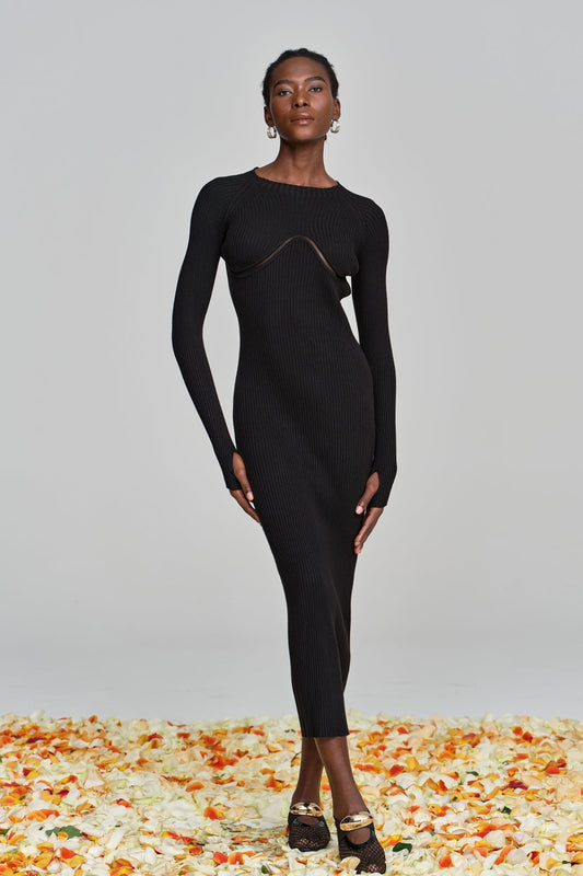 Amaury Cutout Ruffle Knit Maxi Dress in Black