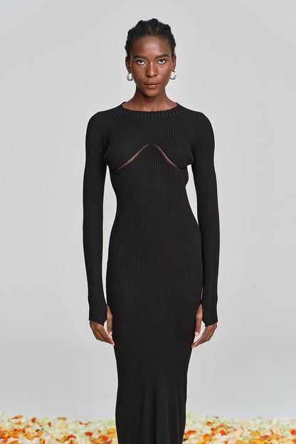 Amaury Cutout Ruffle Knit Maxi Dress in Black