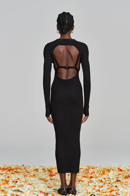 Amaury Cutout Ruffle Knit Maxi Dress in Black