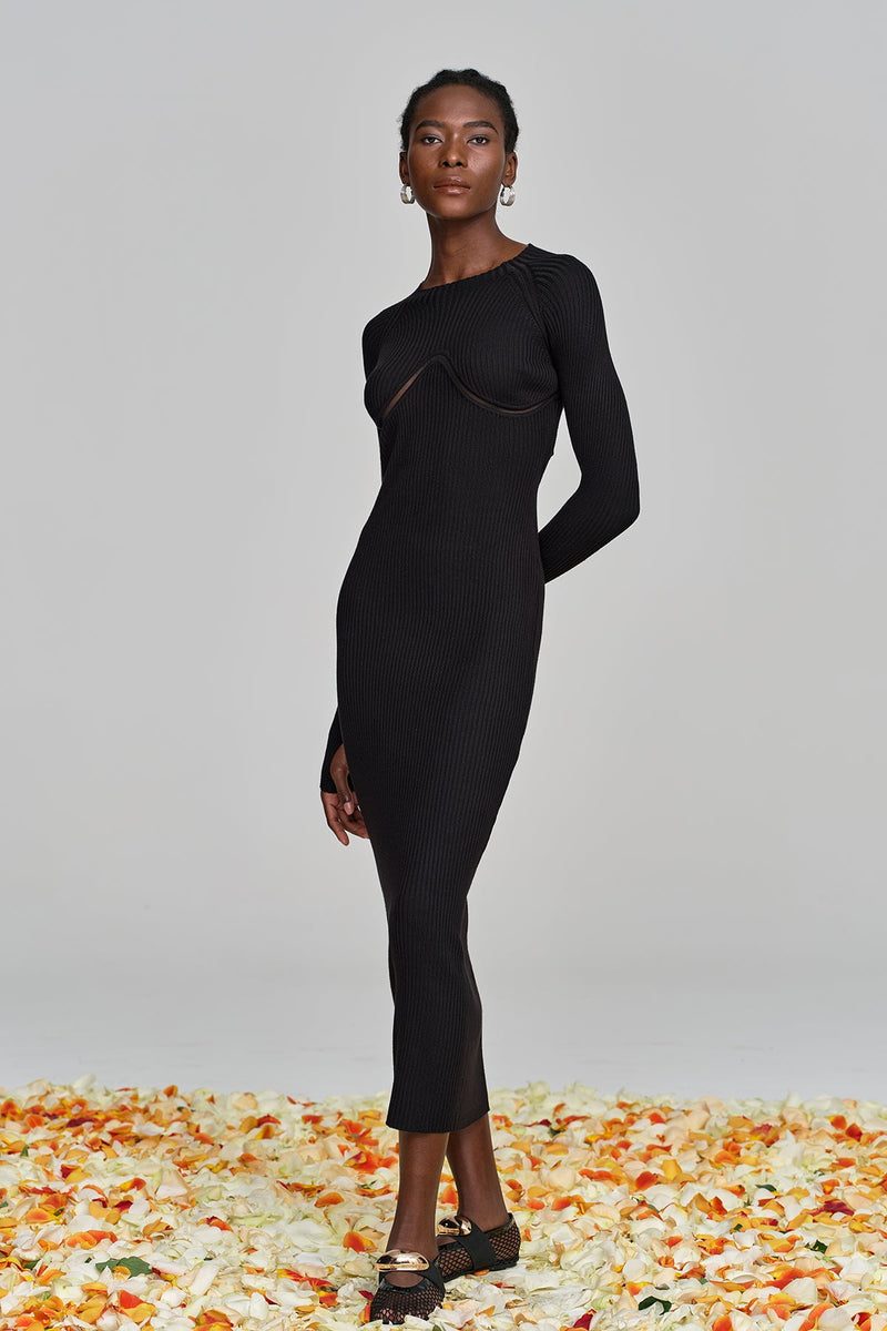 Amaury Cutout Ruffle Knit Maxi Dress in Black