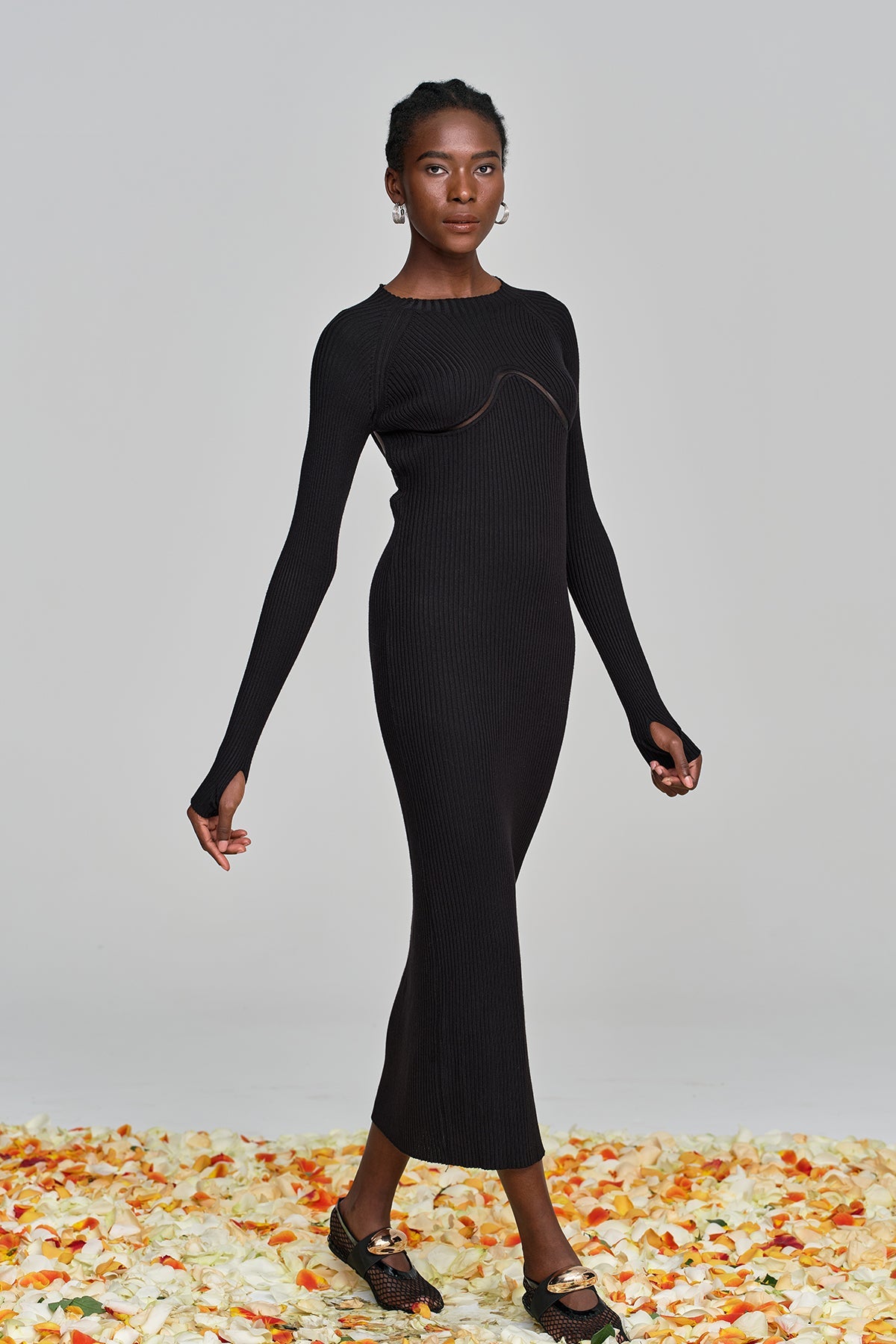 Amaury Cutout Ruffle Knit Maxi Dress in Black