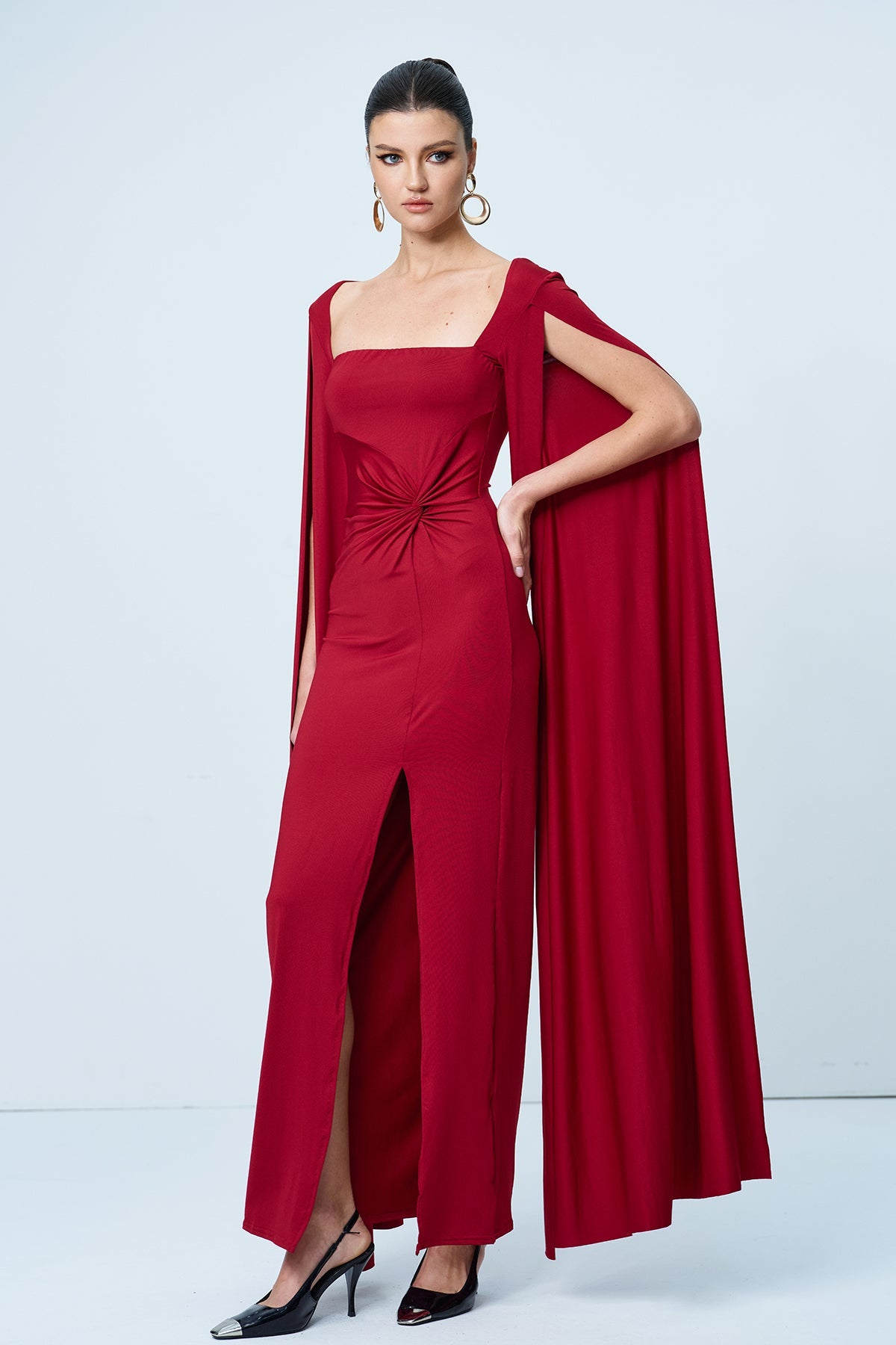 Amazu Shawl Split Ruch Maxi Dress in Red