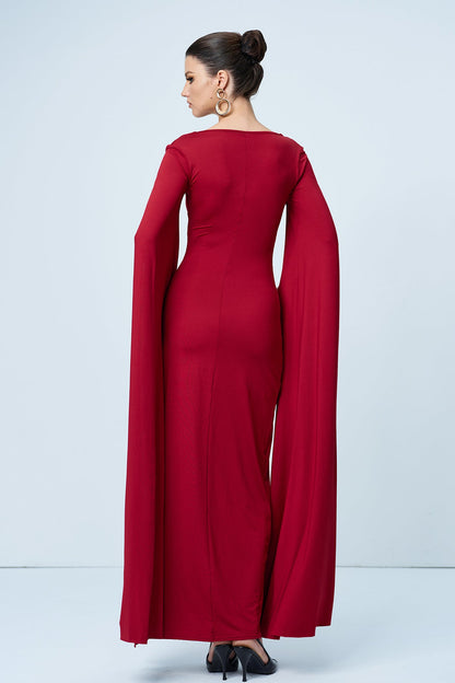 Amazu Shawl Split Ruch Maxi Dress in Red