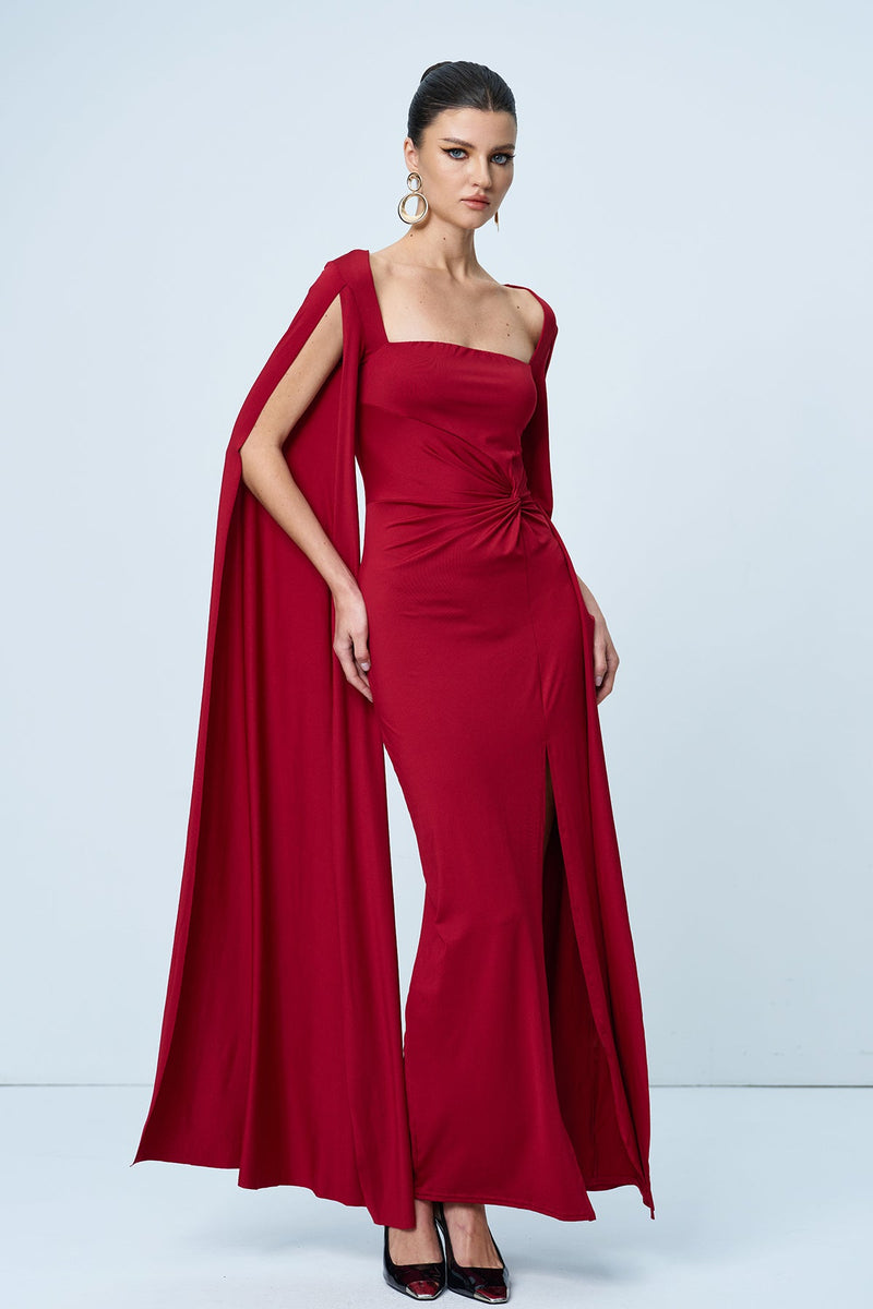 Amazu Shawl Split Ruch Maxi Dress in Red