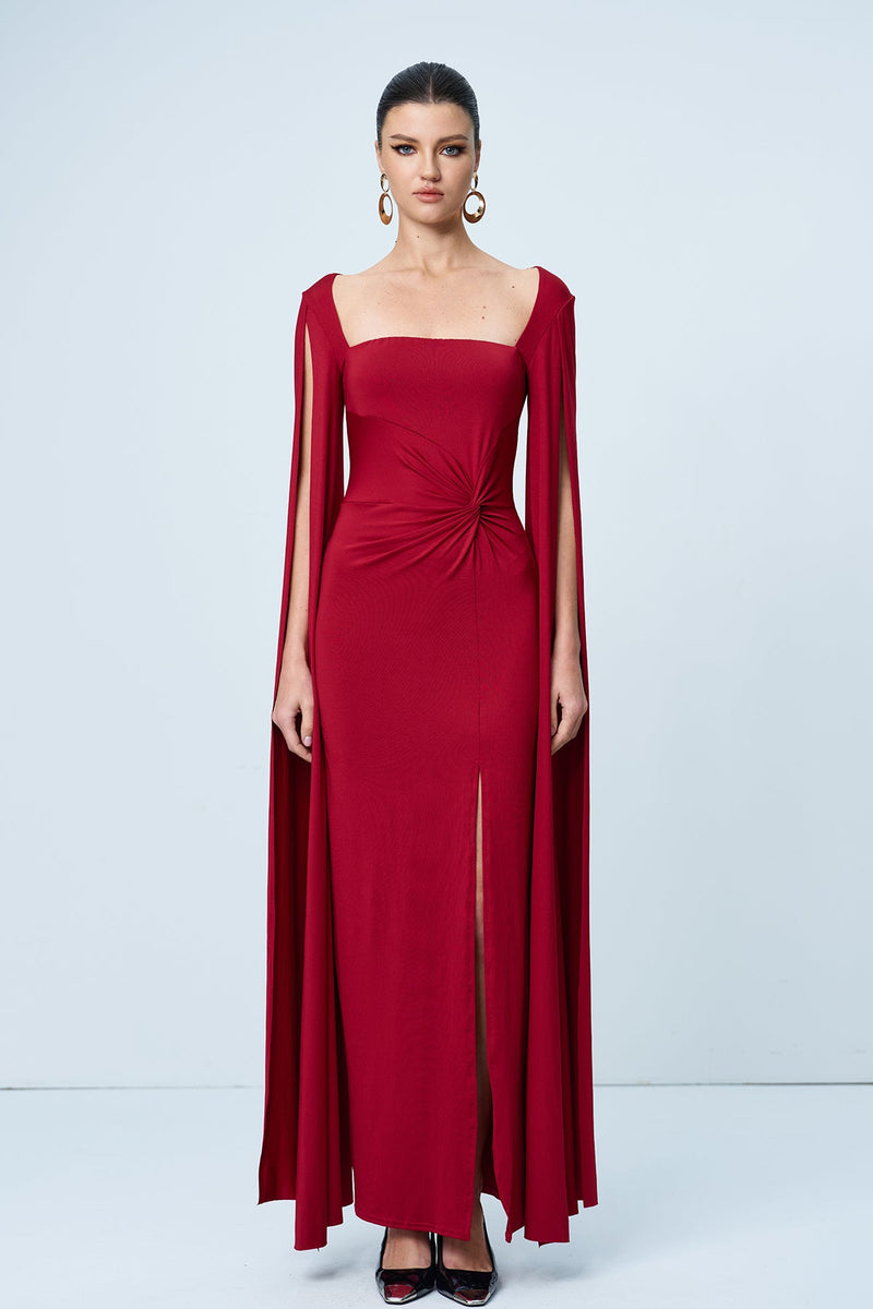 Amazu Shawl Split Ruch Maxi Dress in Red