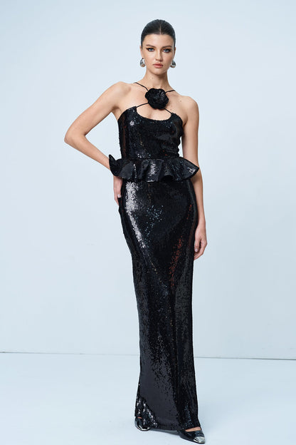 Ambar Sequin Flower Ruffle Maxi Dress
