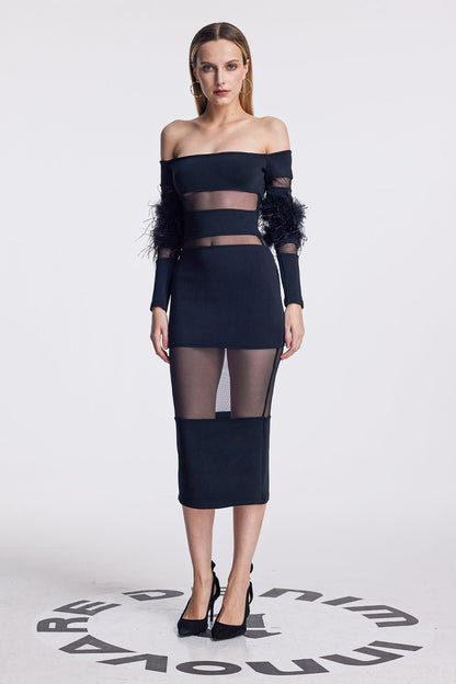 Amber Mesh Deconstruct Feather Maxi Dress in Black