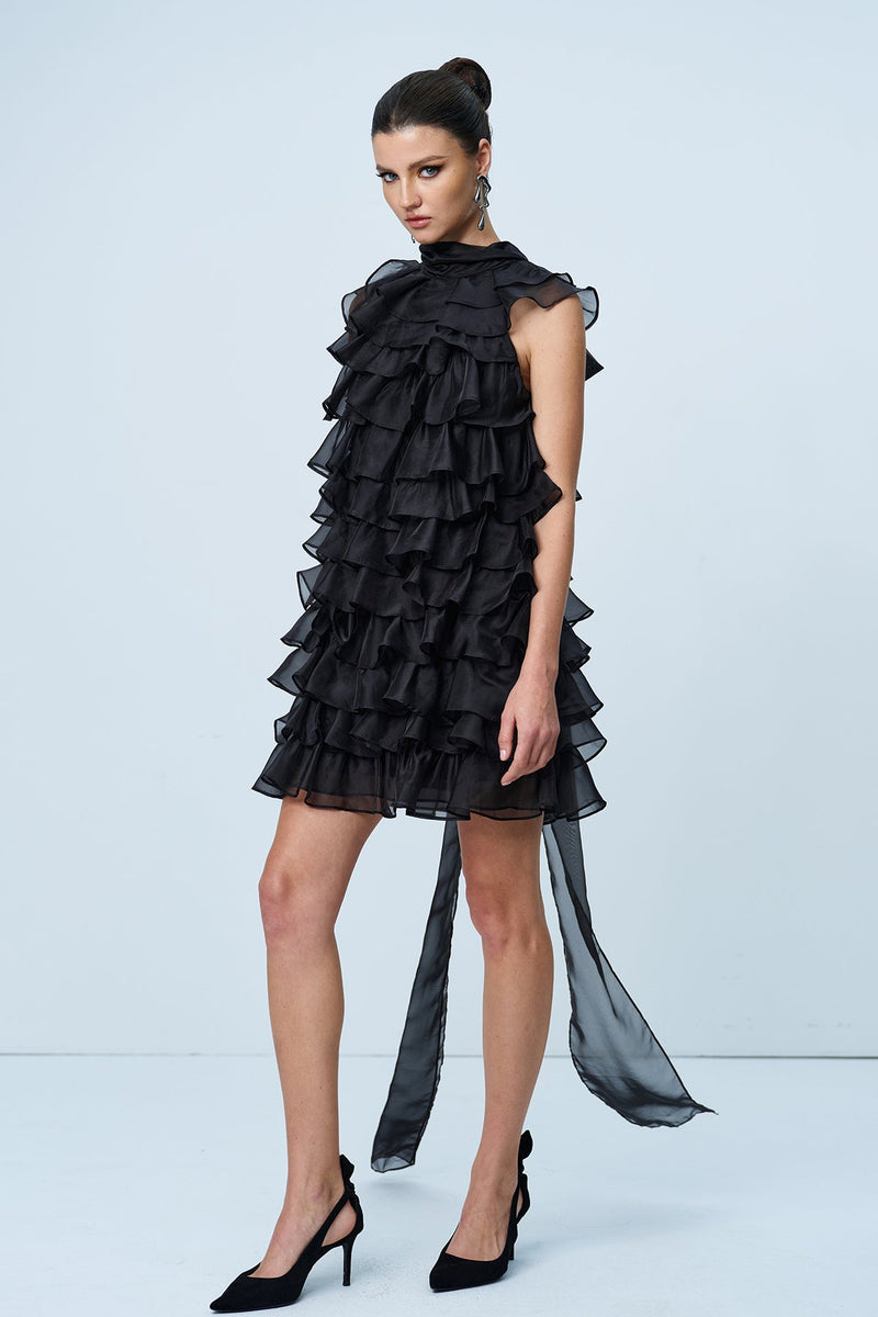 Ames Ruffle Ruch Sleeveless Mini Dress