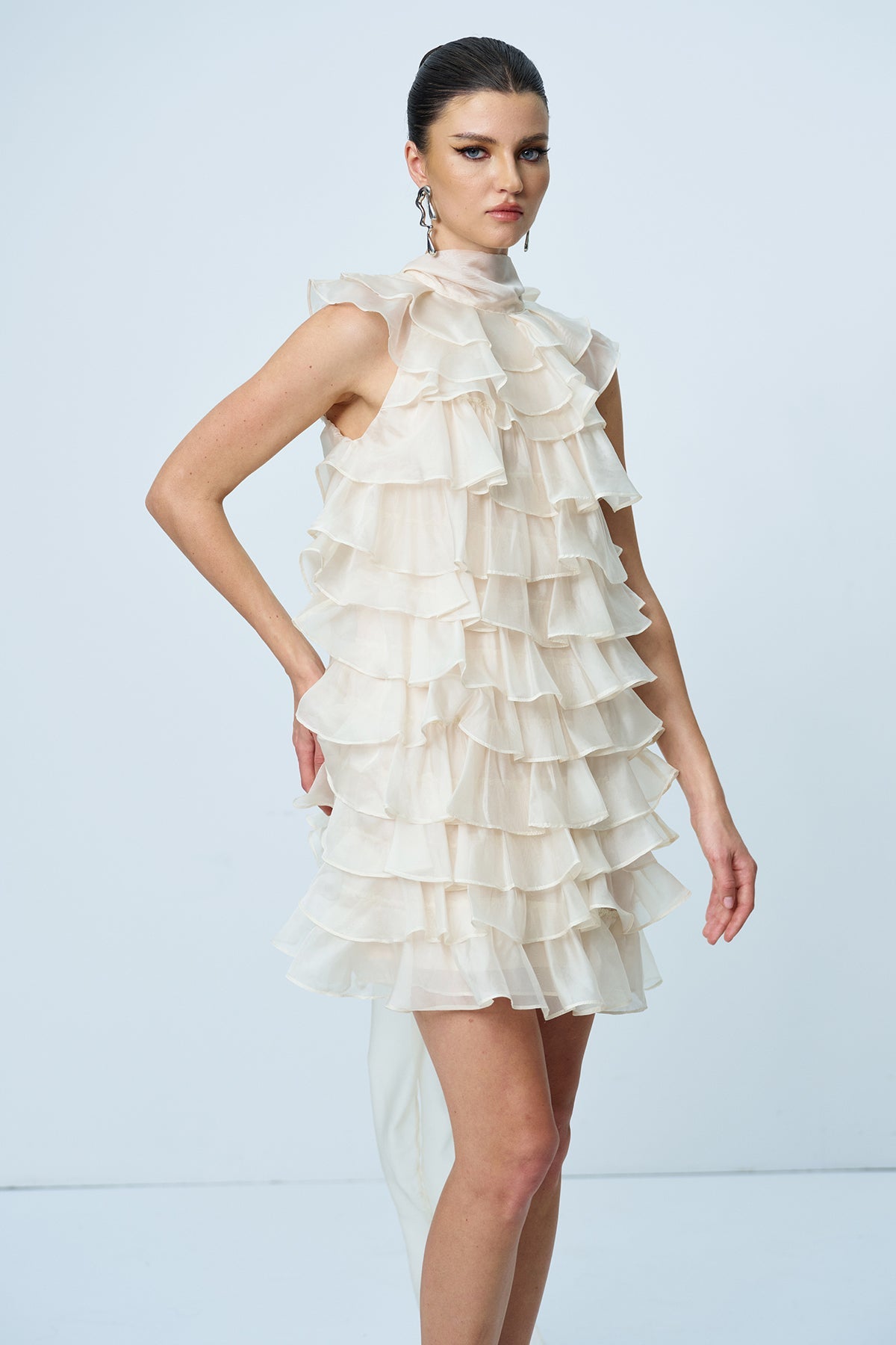 Ames Ruffle Ruch Sleeveless Mini Dress in Apricot