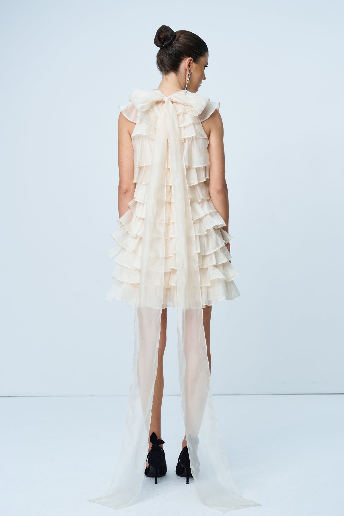 Ames Ruffle Ruch Sleeveless Mini Dress in Apricot