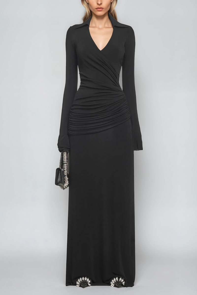 Amiah Ruch Lapel Maxi Dress in Black