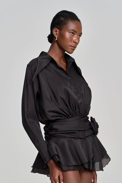Amina Flower Ruch Ruffle Mini Dress in Black