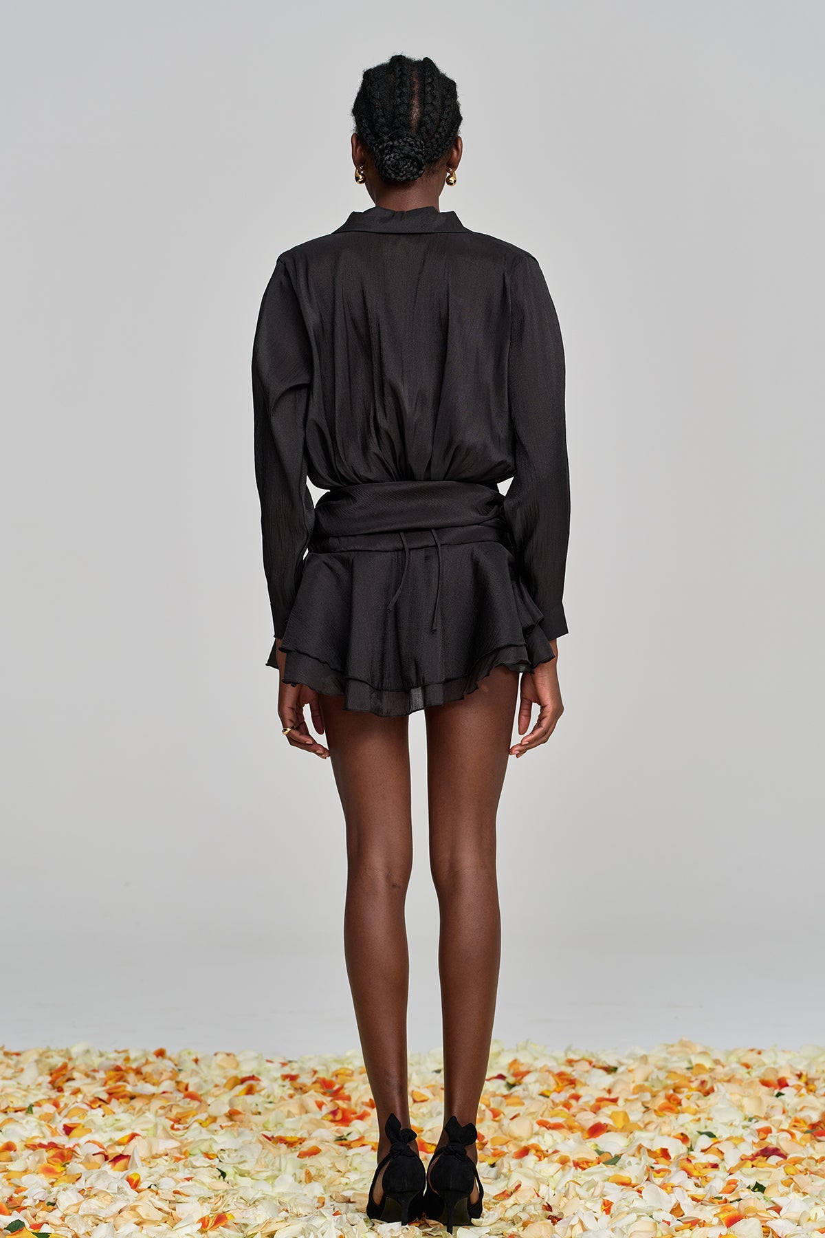 Amina Flower Ruch Ruffle Mini Dress in Black