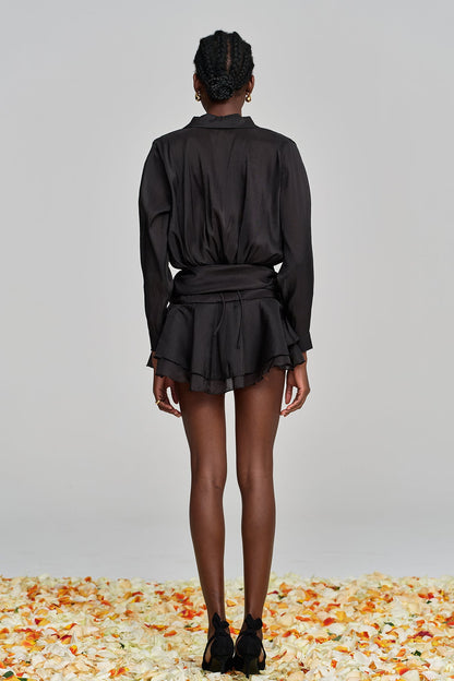 Amina Flower Ruch Ruffle Mini Dress in Black