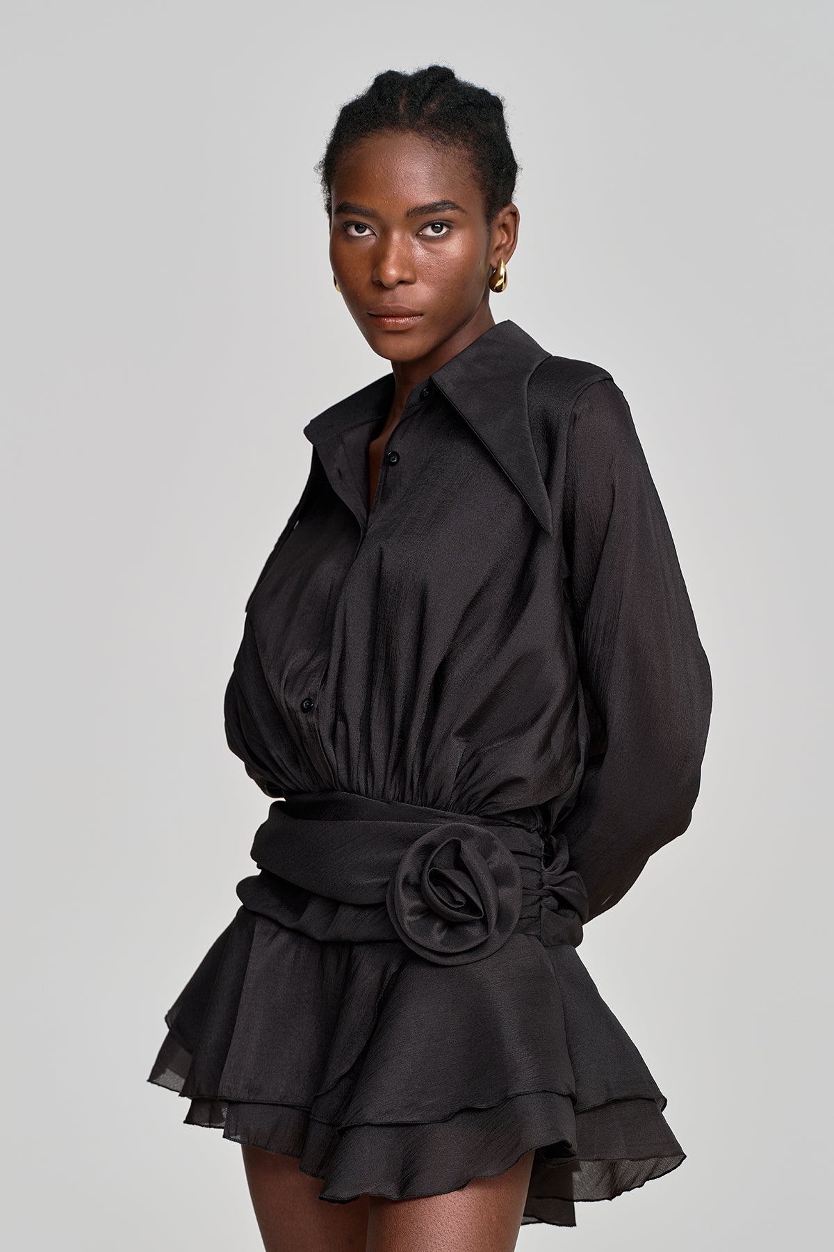 Amina Flower Ruch Ruffle Mini Dress in Black