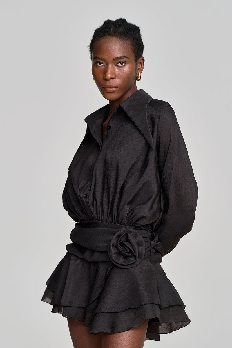 Amina Flower Ruch Ruffle Mini Dress in Black