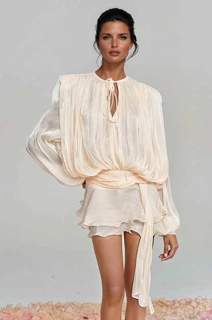 Aminah Balloon Sleeve Ruch Ruffle Mini Dress in Apricot