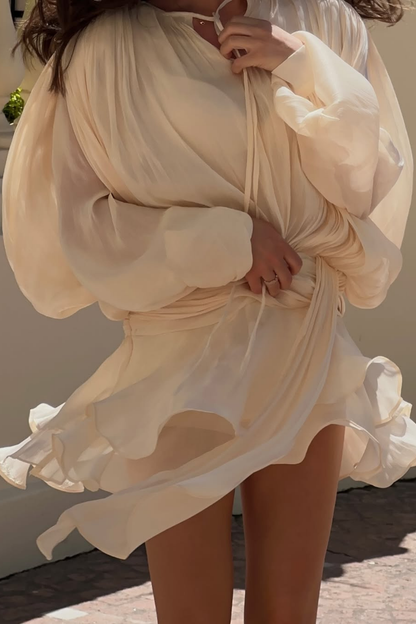 Aminah Balloon Sleeve Ruch Ruffle Mini Dress in Apricot