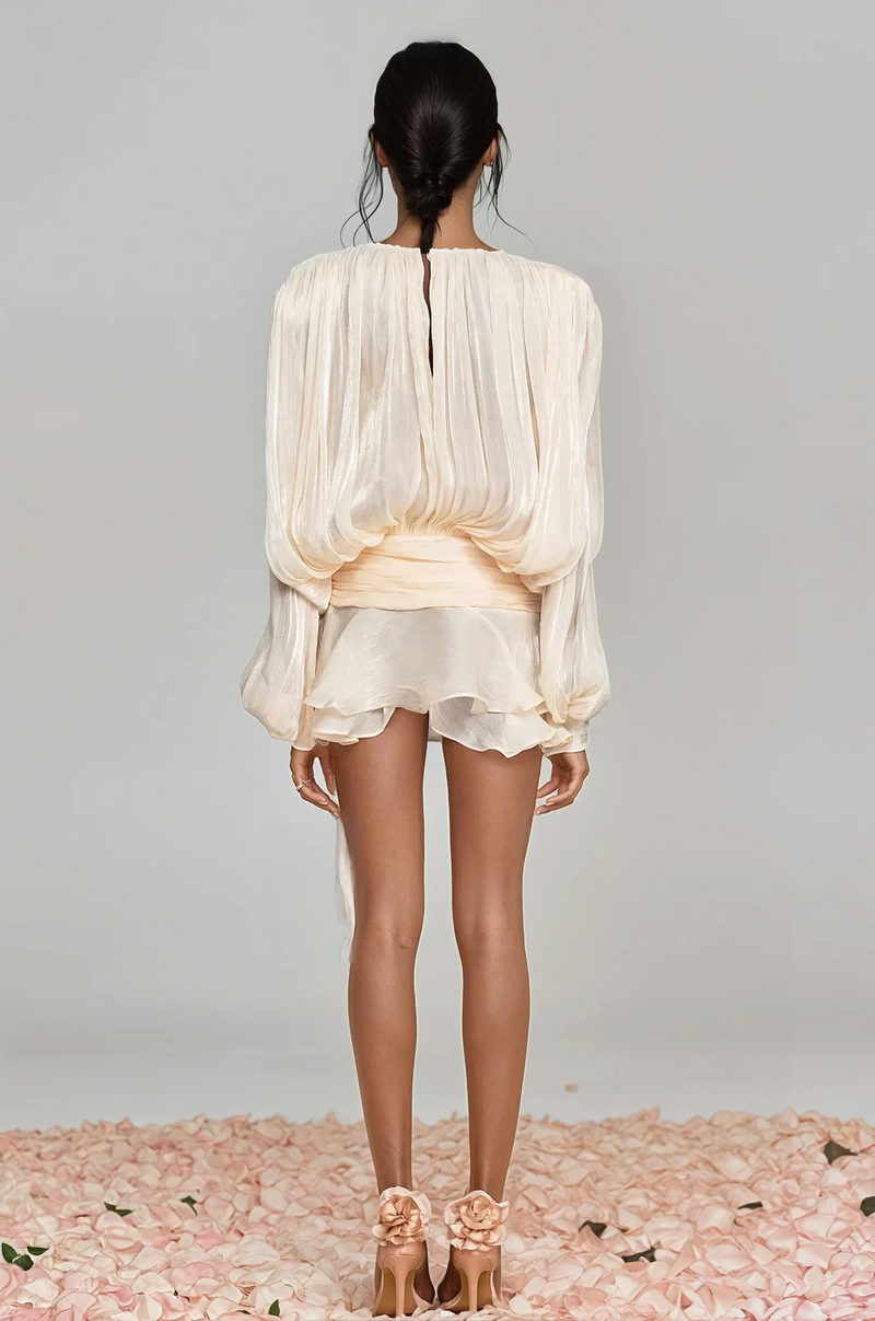 Aminah Balloon Sleeve Ruch Ruffle Mini Dress in Apricot