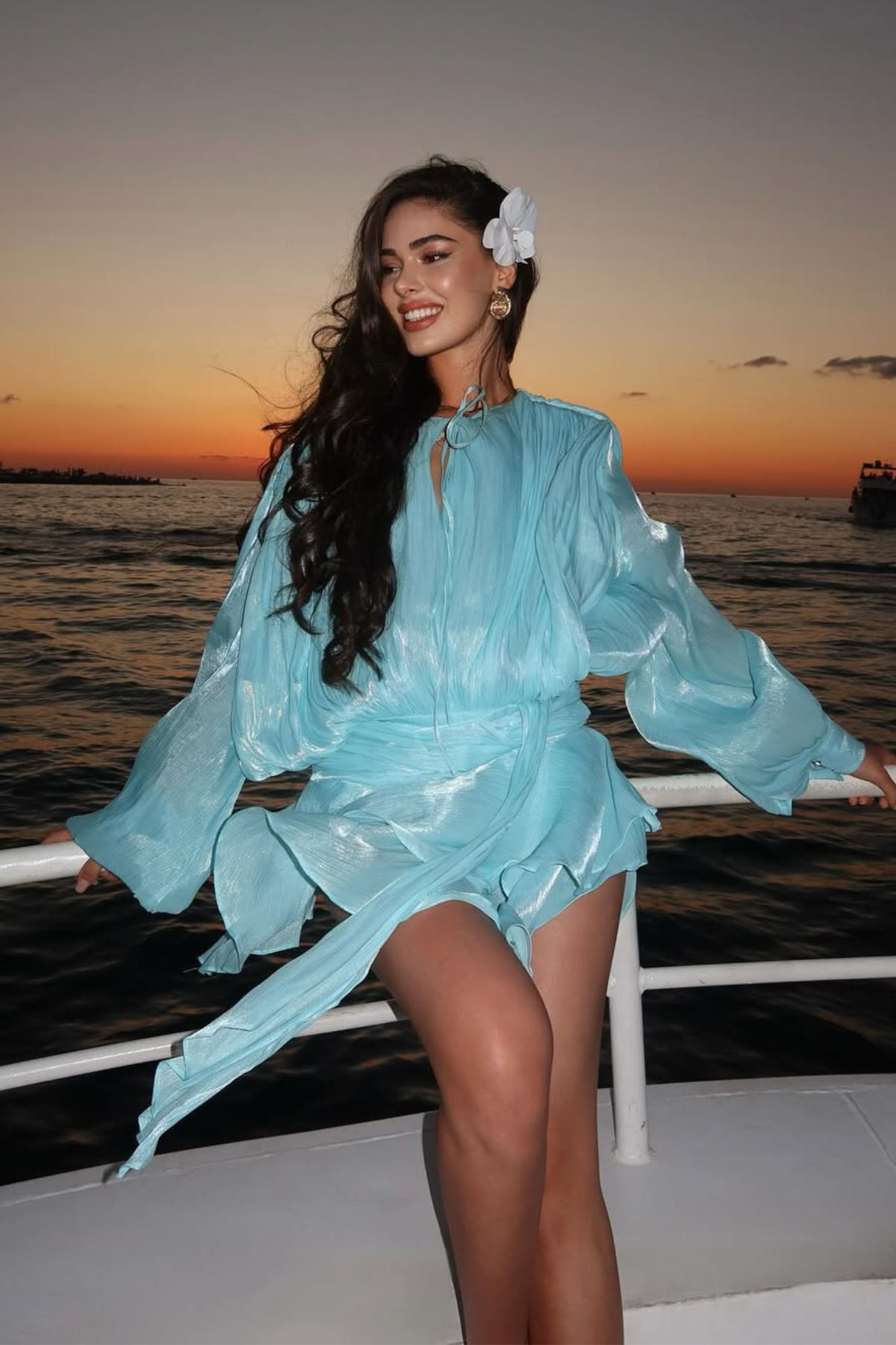Aminah Balloon Sleeve Ruch Ruffle Mini Dress in Baby Blue