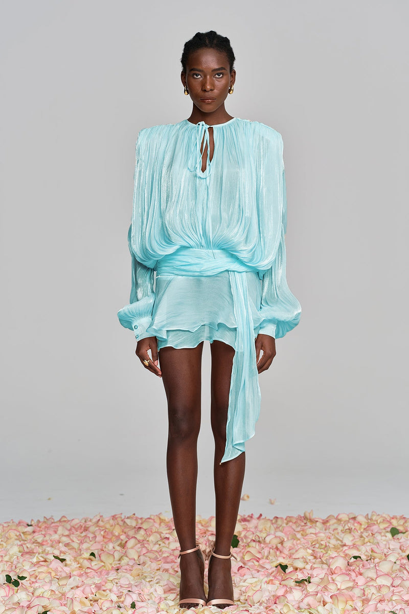 Aminah Balloon Sleeve Ruch Ruffle Mini Dress in Baby Blue