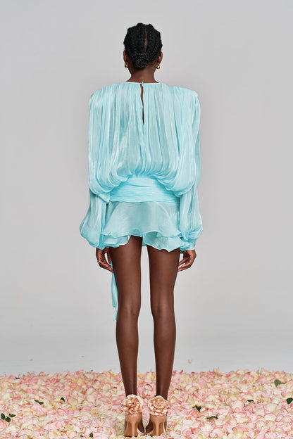 Aminah Balloon Sleeve Ruch Ruffle Mini Dress in Baby Blue