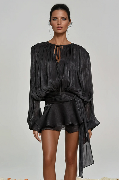 Aminah Balloon Sleeve Ruch Ruffle Mini Dress in Black