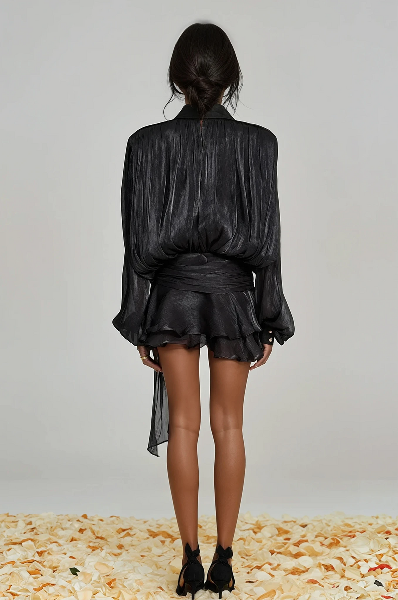 Aminah Balloon Sleeve Ruch Ruffle Mini Dress in Black