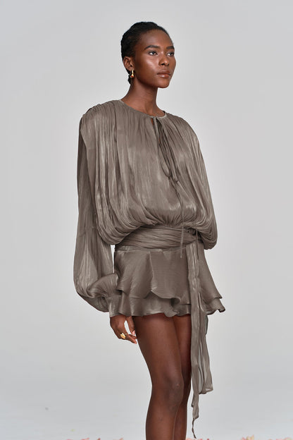 Aminah Balloon Sleeve Ruch Ruffle Mini Dress in Brown