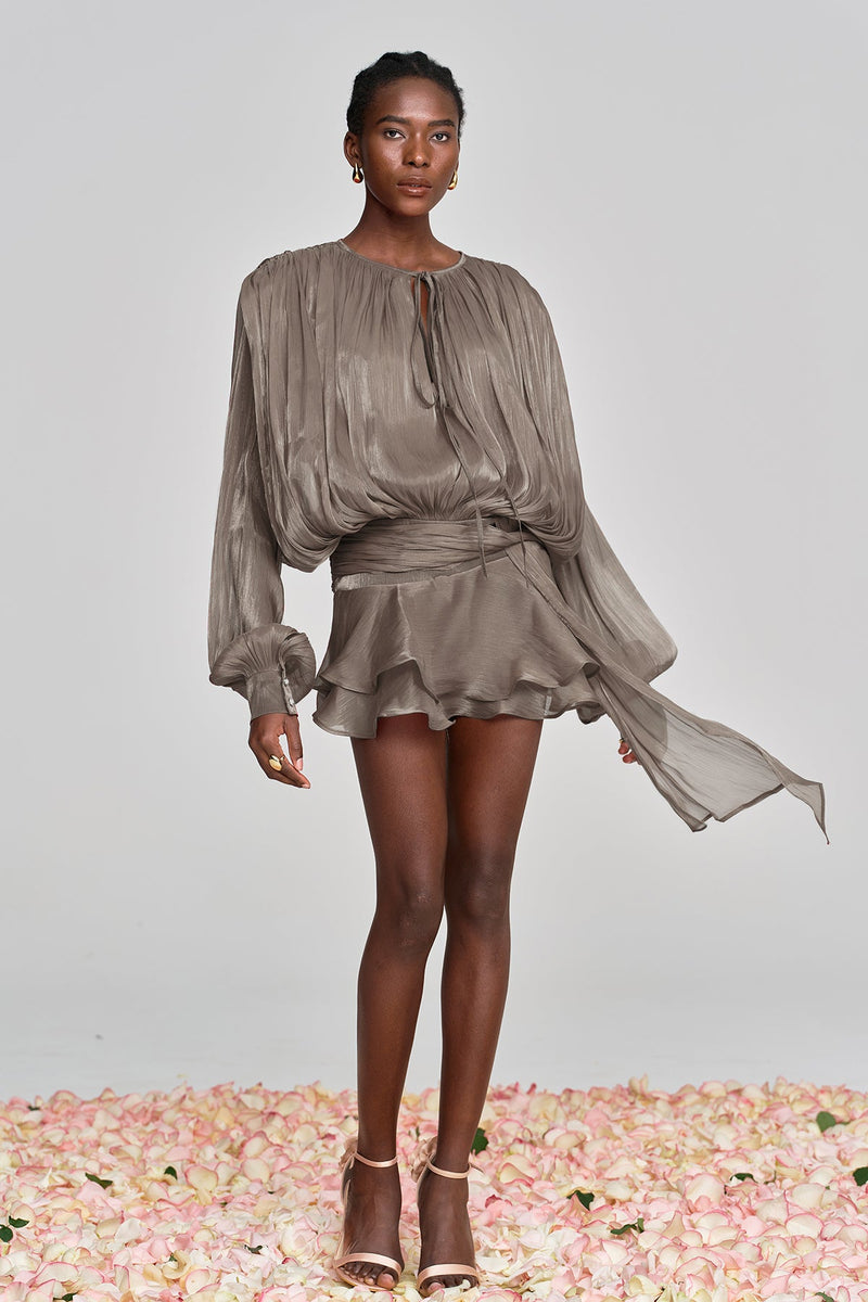 Aminah Balloon Sleeve Ruch Ruffle Mini Dress in Brown