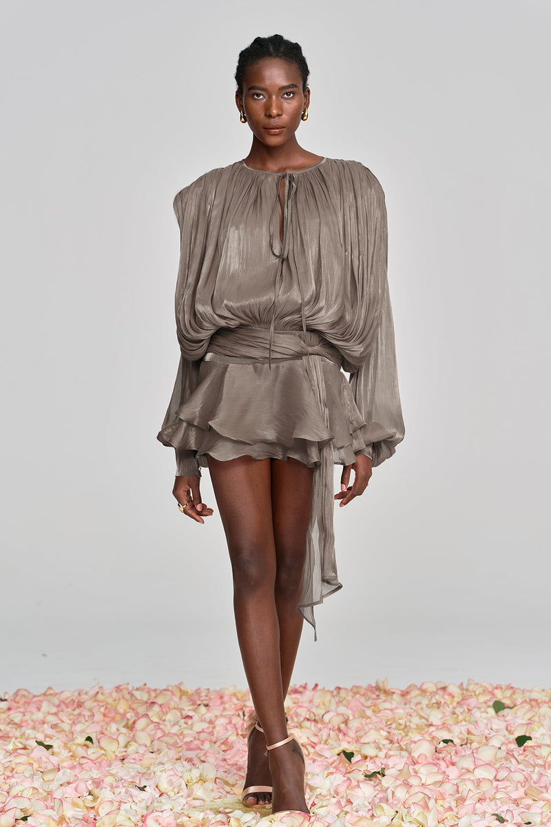 Aminah Balloon Sleeve Ruch Ruffle Mini Dress in Brown