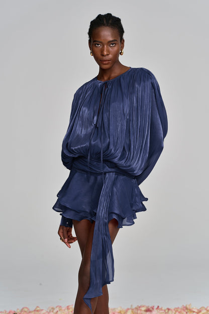 Aminah Balloon Sleeve Ruch Ruffle Mini Dress in Deep Blue