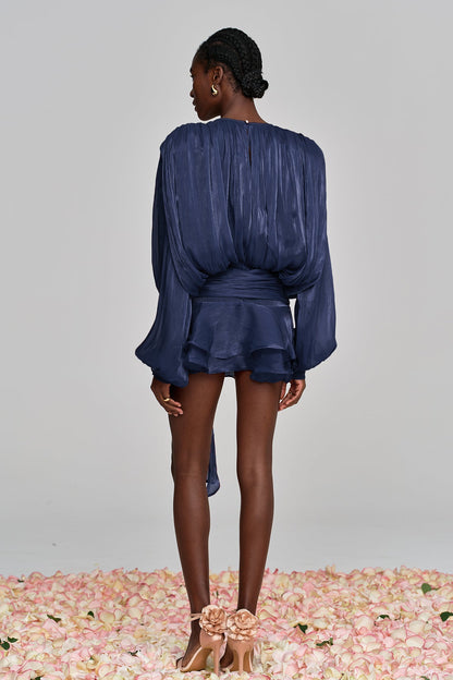 Aminah Balloon Sleeve Ruch Ruffle Mini Dress in Deep Blue
