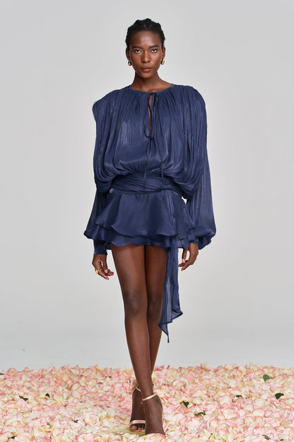 Aminah Balloon Sleeve Ruch Ruffle Mini Dress in Deep Blue