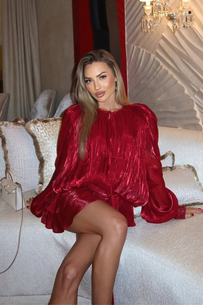 Aminah Balloon Sleeve Ruch Ruffle Mini Dress in Red