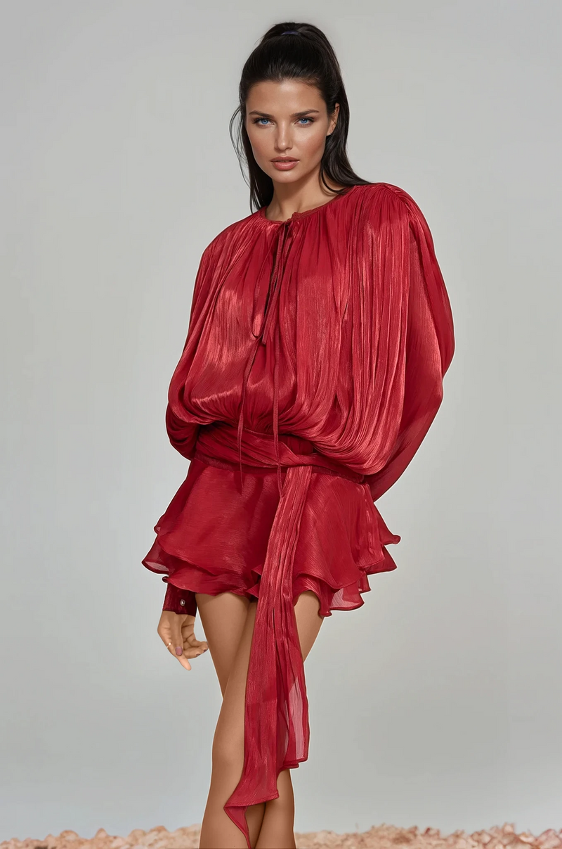 Aminah Balloon Sleeve Ruch Ruffle Mini Dress in Red