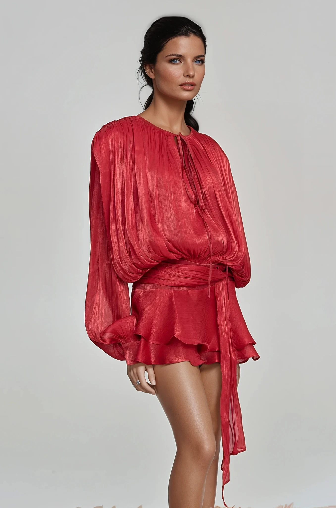 Aminah Balloon Sleeve Ruch Ruffle Mini Dress in Red