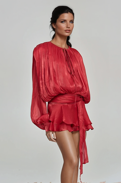 Aminah Balloon Sleeve Ruch Ruffle Mini Dress in Red
