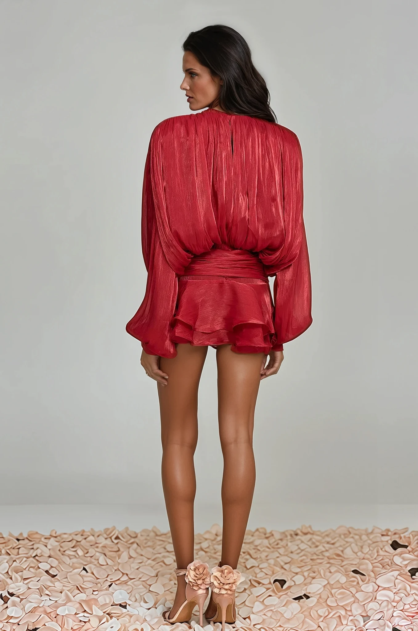 Aminah Balloon Sleeve Ruch Ruffle Mini Dress in Red