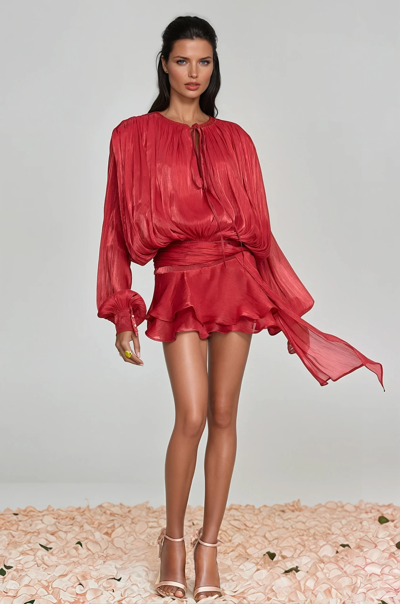 Aminah Balloon Sleeve Ruch Ruffle Mini Dress in Red